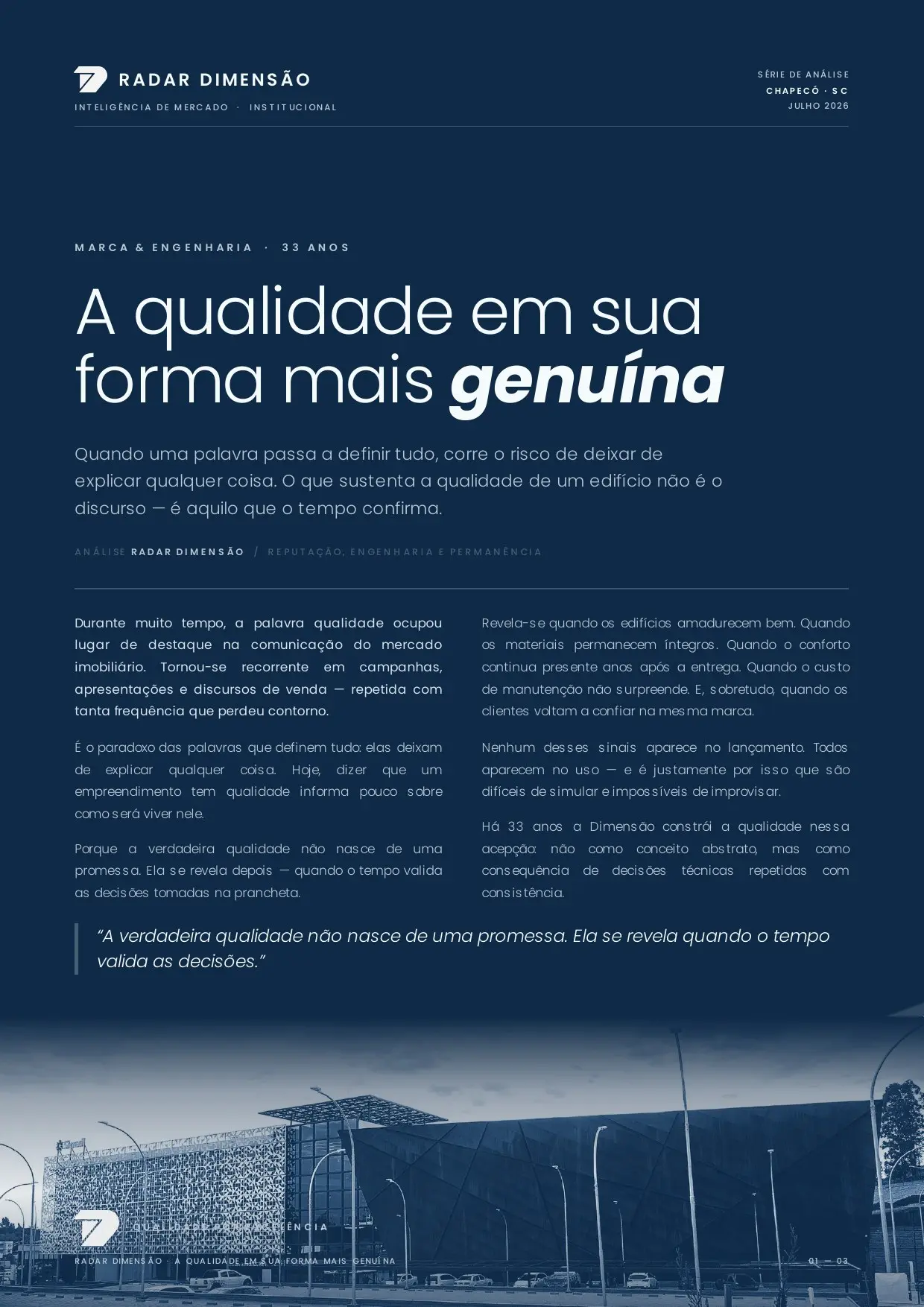 Capa do Radar Dimensão A qualidade em sua forma mais genuína